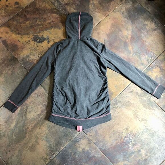 Motherhood Maternity Gray Pink Hoodie Zip Up Ruching Side Jacket Medium - Picture 4 of 9